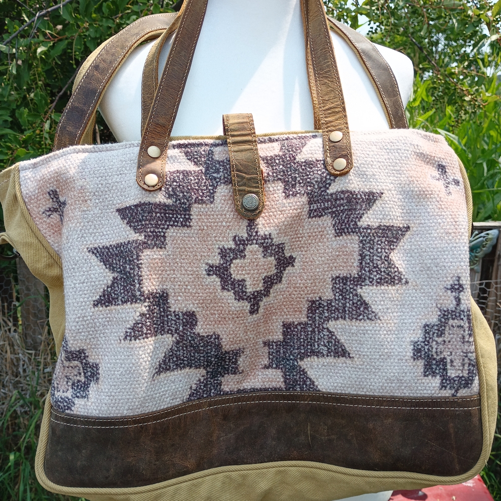 Myra Bag Pink and Brown Southwestern Tapestry Tote with Leather Trim